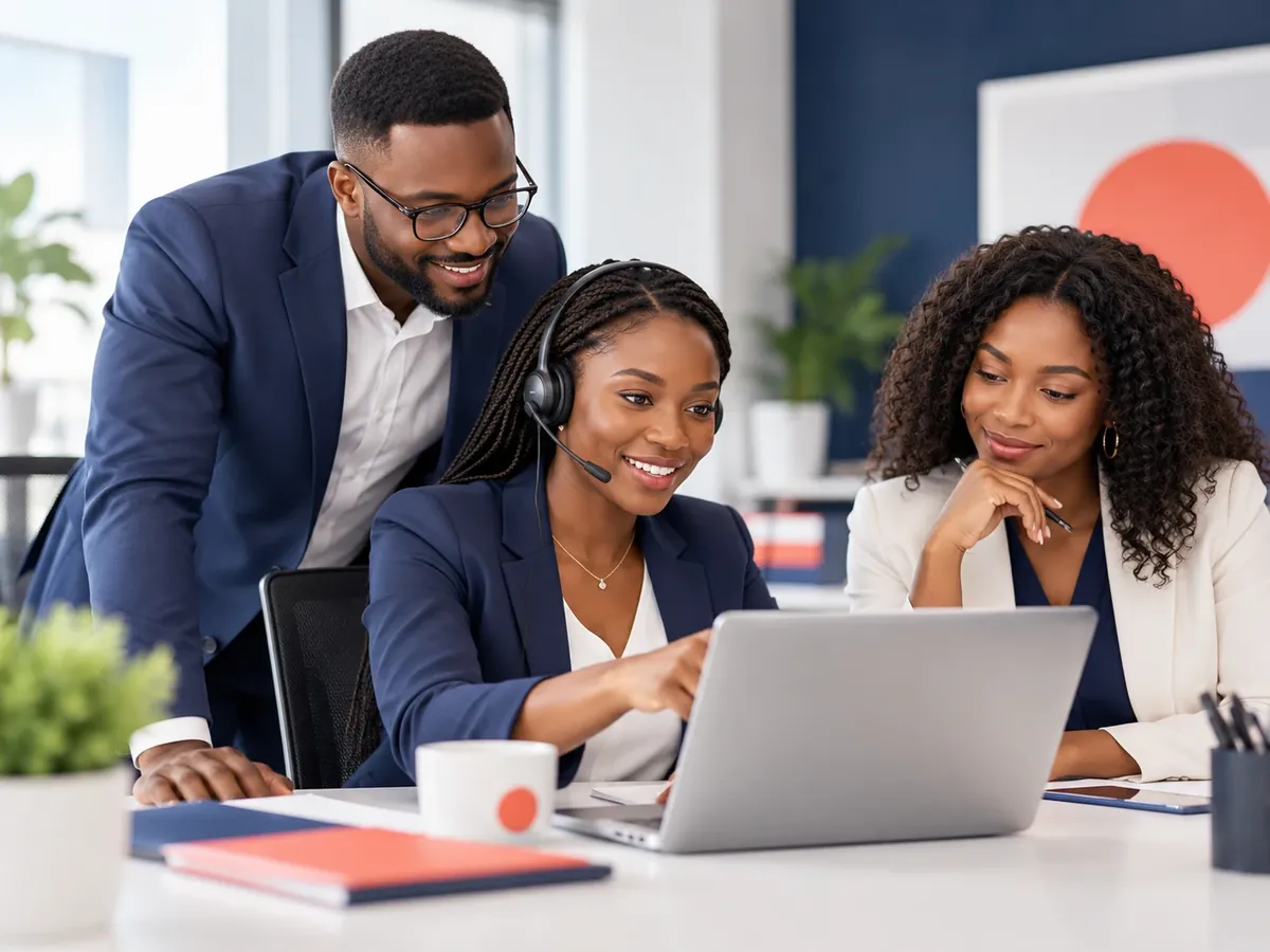 Une équipe Relavoxa au travail autour d'un ordinateur